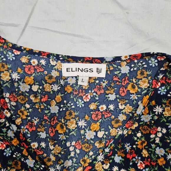 Elings Navy Floral Ruffle V-Neck Puff-Sleeve Midi Dress Size Large - Picture 3 of 6